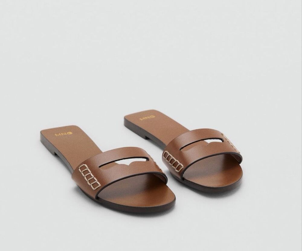 MANGO MNG Cognac Leather Slide Sandals Wide Strap Stitching 39 NWT